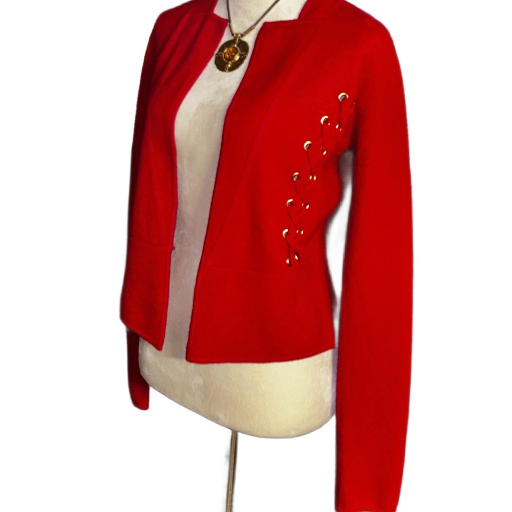 Cache ~ Women's Small ~100% Wool ~ Red Blazer Jacket W/ Lace Up Detail Hook Loop - Picture 2 of 16